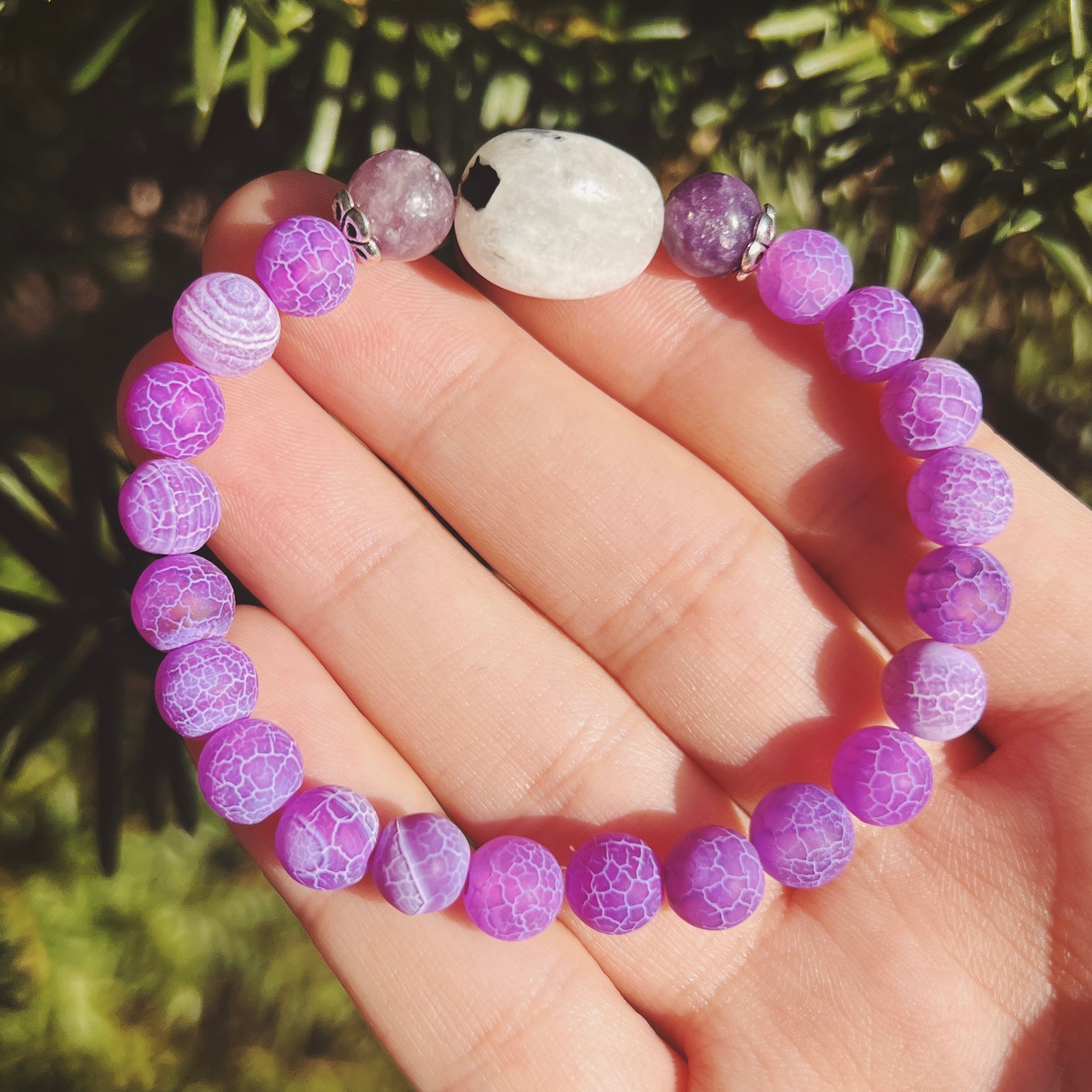 Rainbow Moonstone, Lepidolite & Purple Agate Bracelet