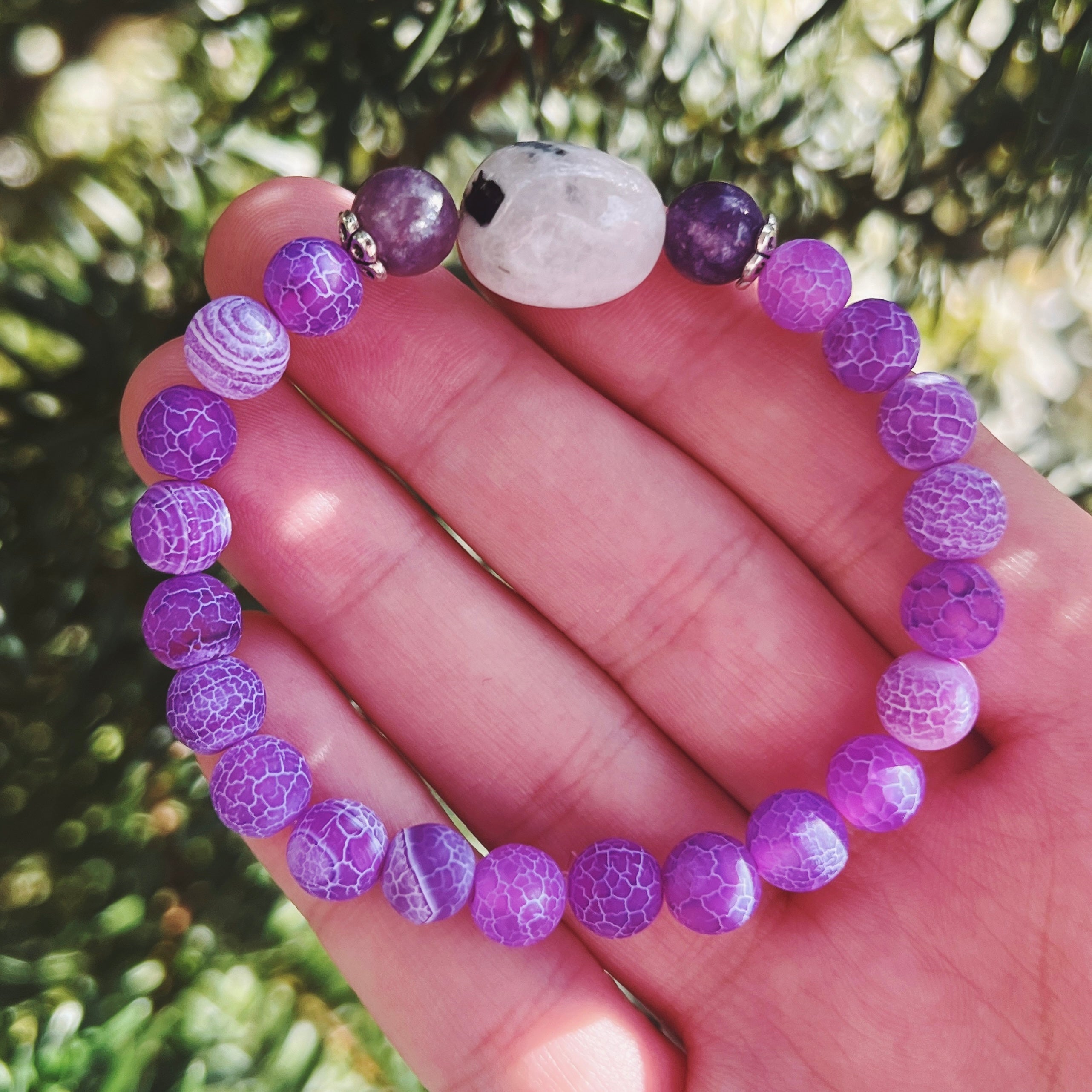 Rainbow Moonstone, Lepidolite & Purple Agate Bracelet