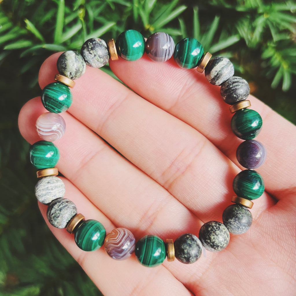Green Zebra Jasper, Malachite & Botswana Agate Bracelet