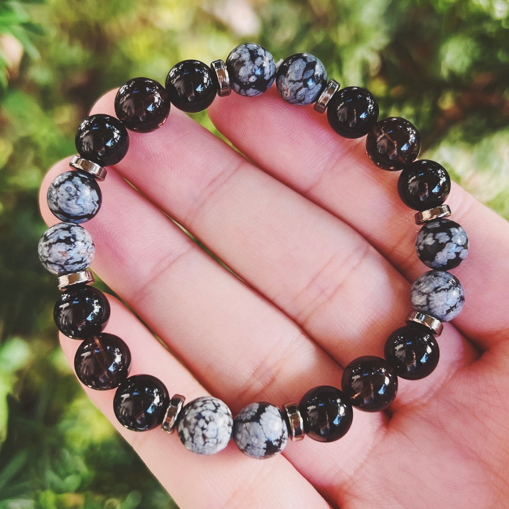 Snowflake Obsidian, Black Tourmaline & Smoky Quartz Bracelet