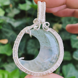 Moss Agate Moon Silver Wrapped Pendant