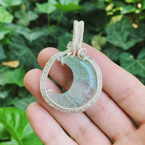 Moss Agate Moon Silver Wrapped Pendant