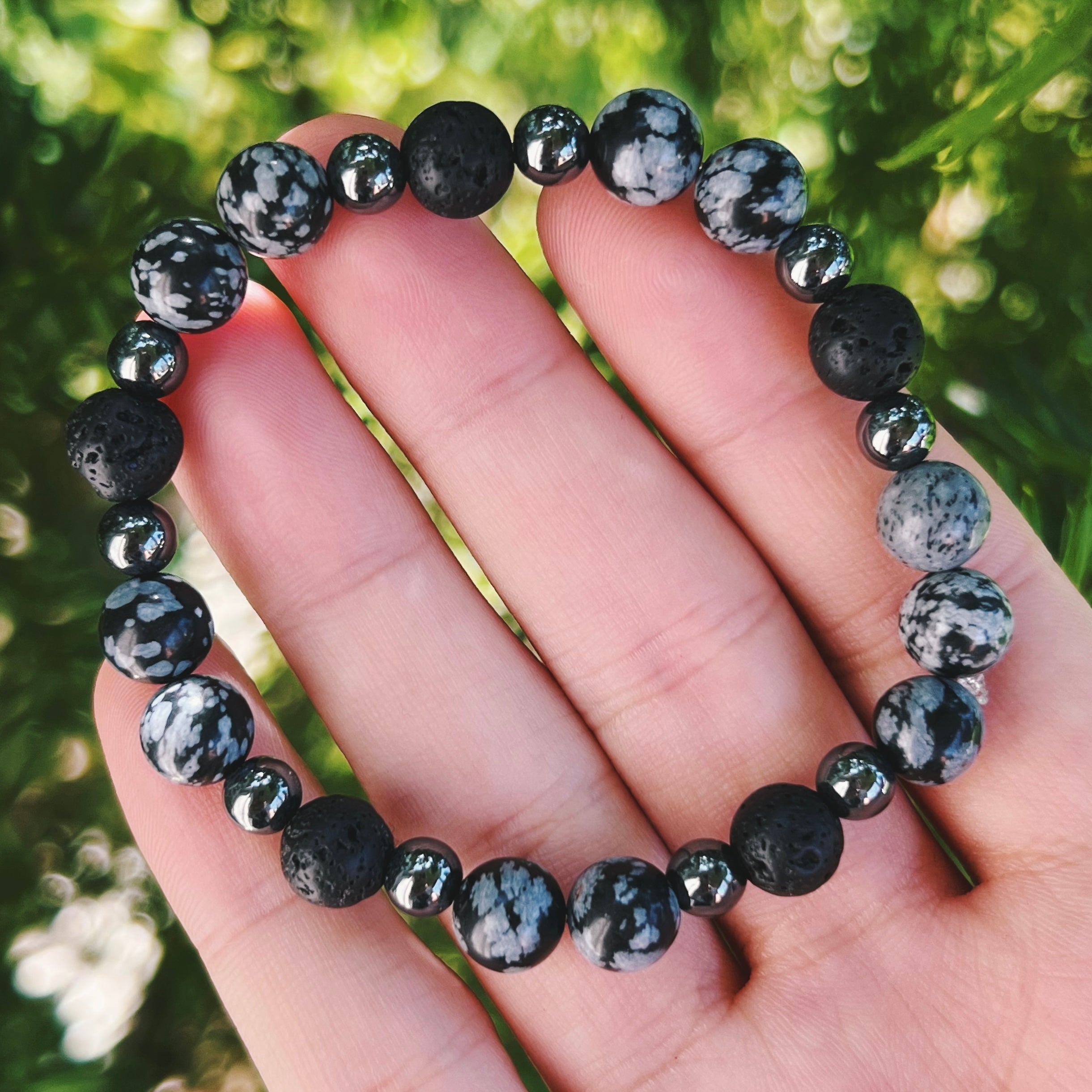 Snowflake Obsidian, Hematite Lava Rock Bracelet – my crystal earth